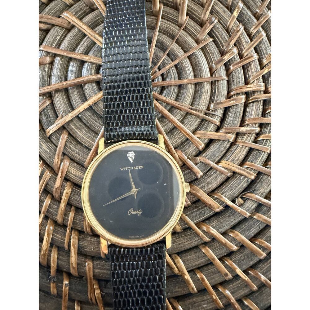 VTG Wittnauer Diamond Accent At 12 Womens Quartz Watch Black Dial Gold Hands